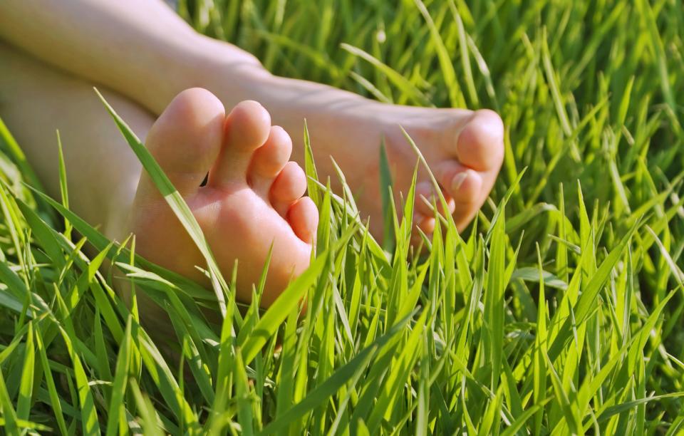 Ein Paar nackter Füße liegen im grünen Gras.